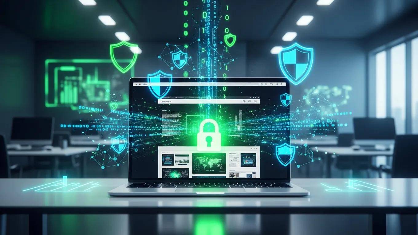 Laptop with a lock symbol on the screen, surrounded by cybersecurity elements, emphasizing the role of security in responsive web design