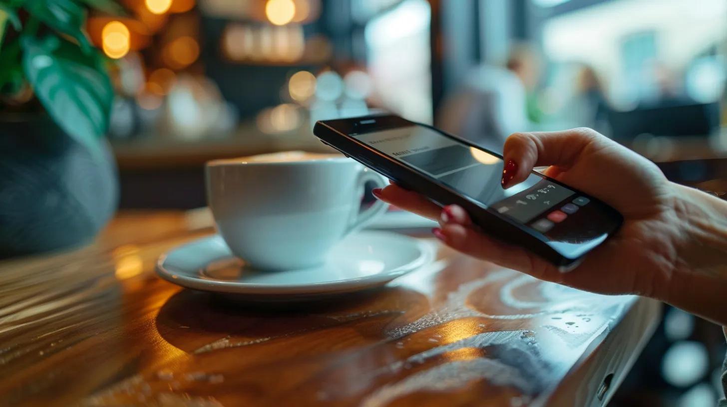 Smartphone displaying secure payment gateway interface in a cafe setting