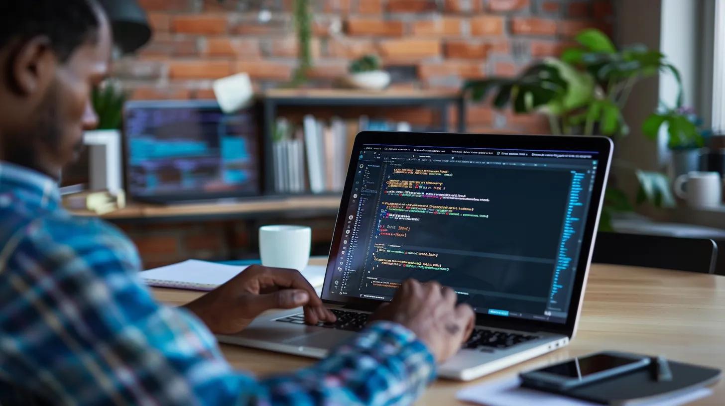 Developer coding a WooCommerce site with design sketches in the background
