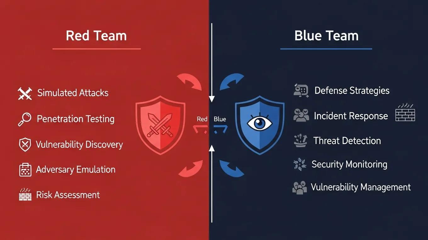 diagram comparing red team vs blue team roles in cybersecurity