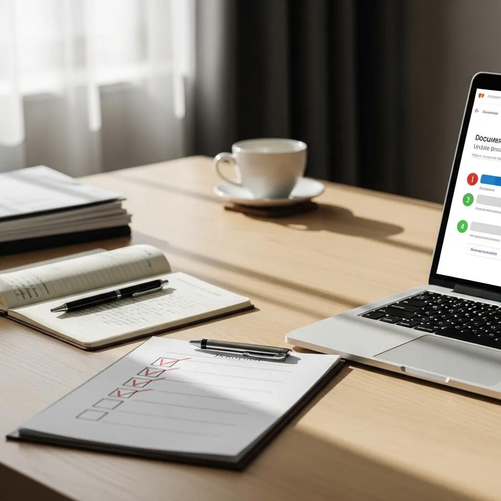 Checklist and laptop showing the document update workflow